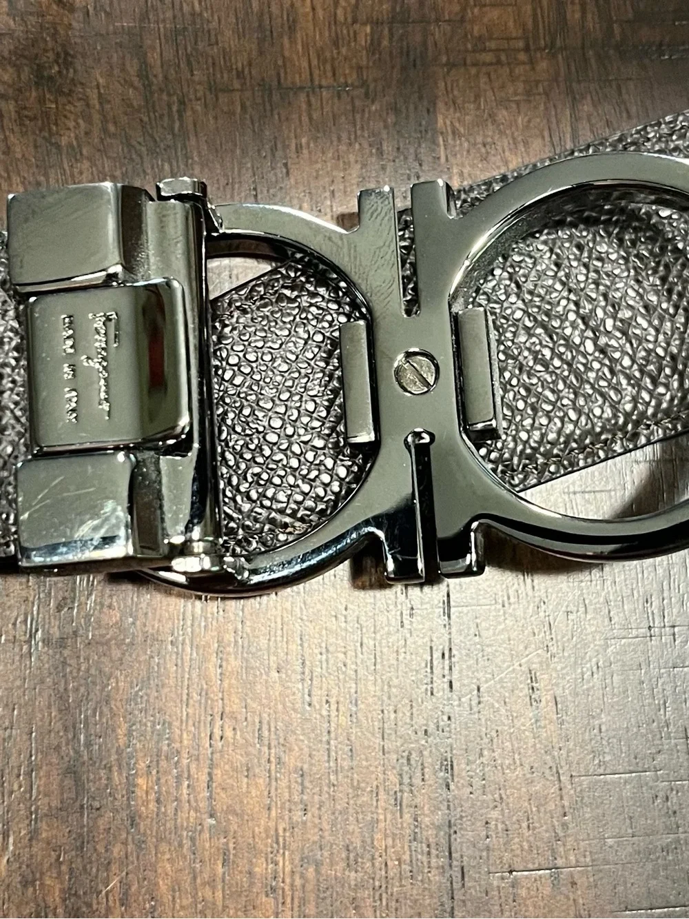 Salvatore Ferragamo Reversible and Adjustable Gancini Belt with Gunmetal Finish